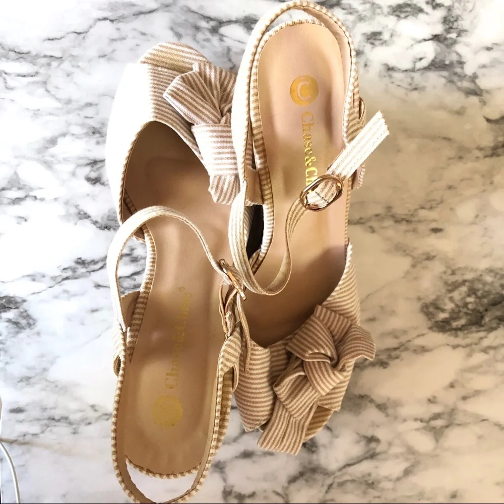 Striped seersucker platform espadrilles with bow